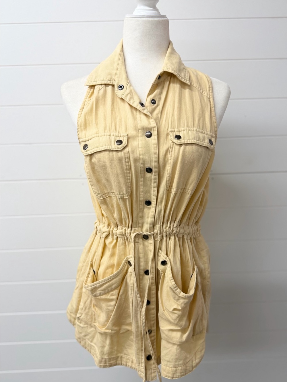 Free People Drawstring Safari Vest Jacket - Light Yellow
